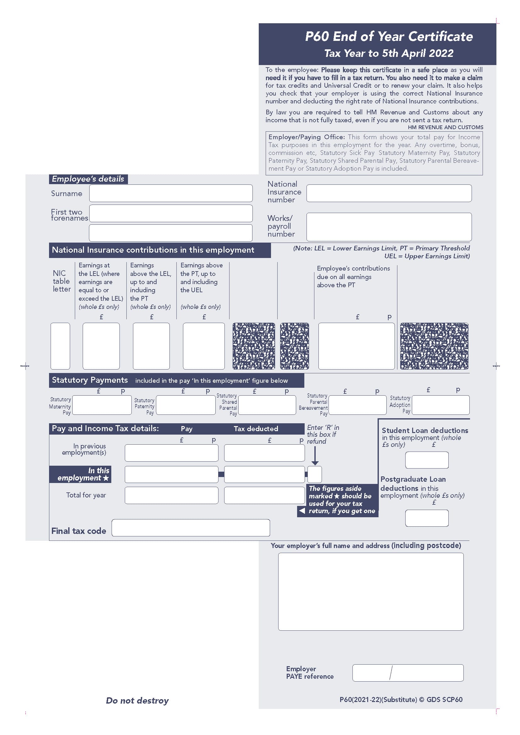 SAGE SELF SEAL P60 Year End Forms - For tax year ending April 2022